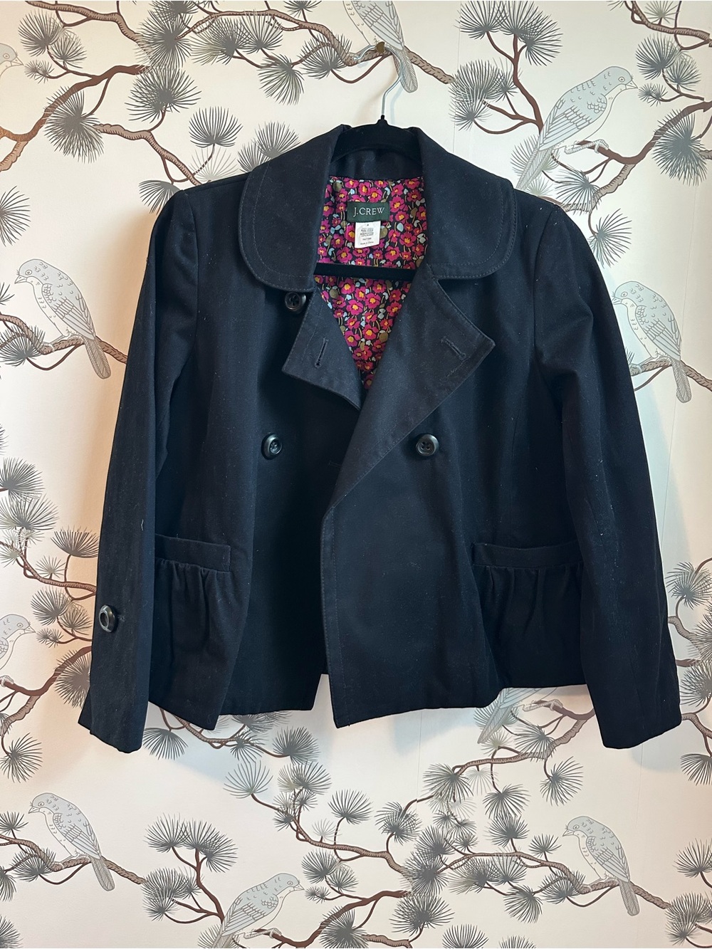 J.Crew Black Cotton Peacoat Jacket Floral Lining Size 4